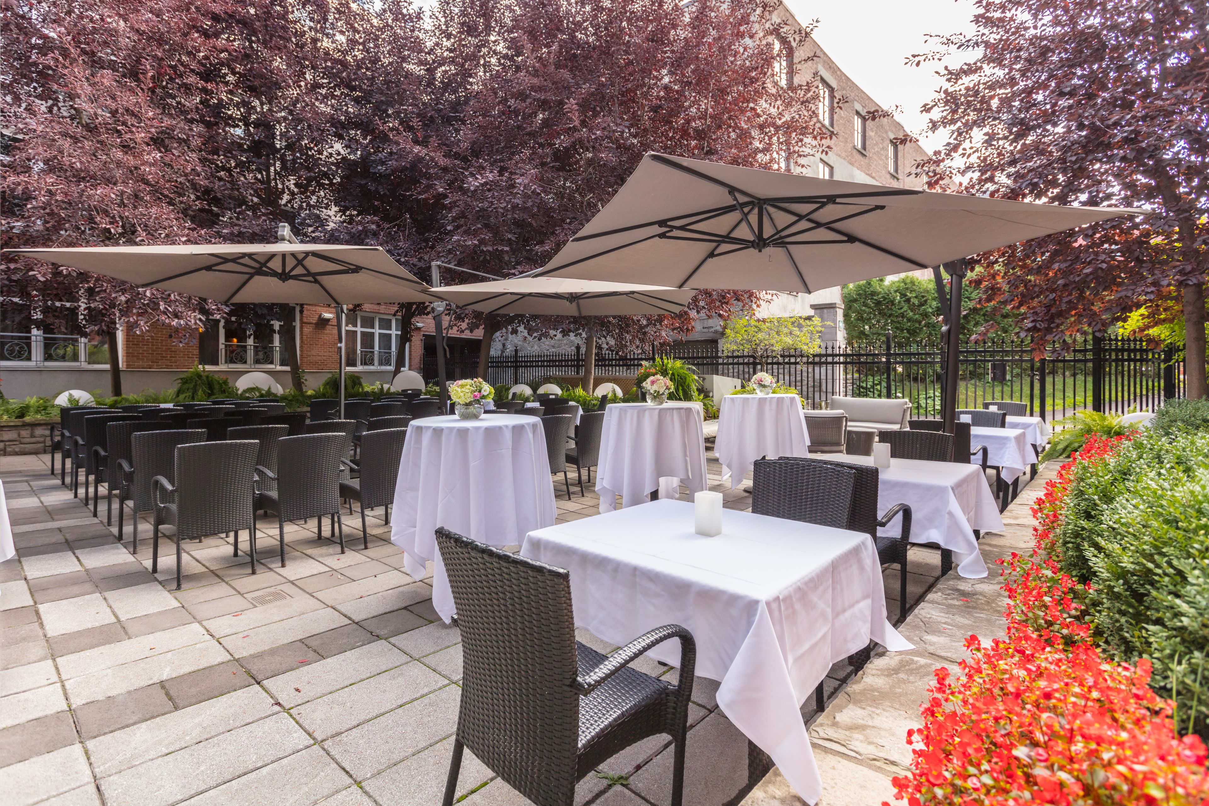 Eine Terrasse im Freien mit Tischen und Stühlen, umgeben von Bäumen und einem Gebäude im Hintergrund.