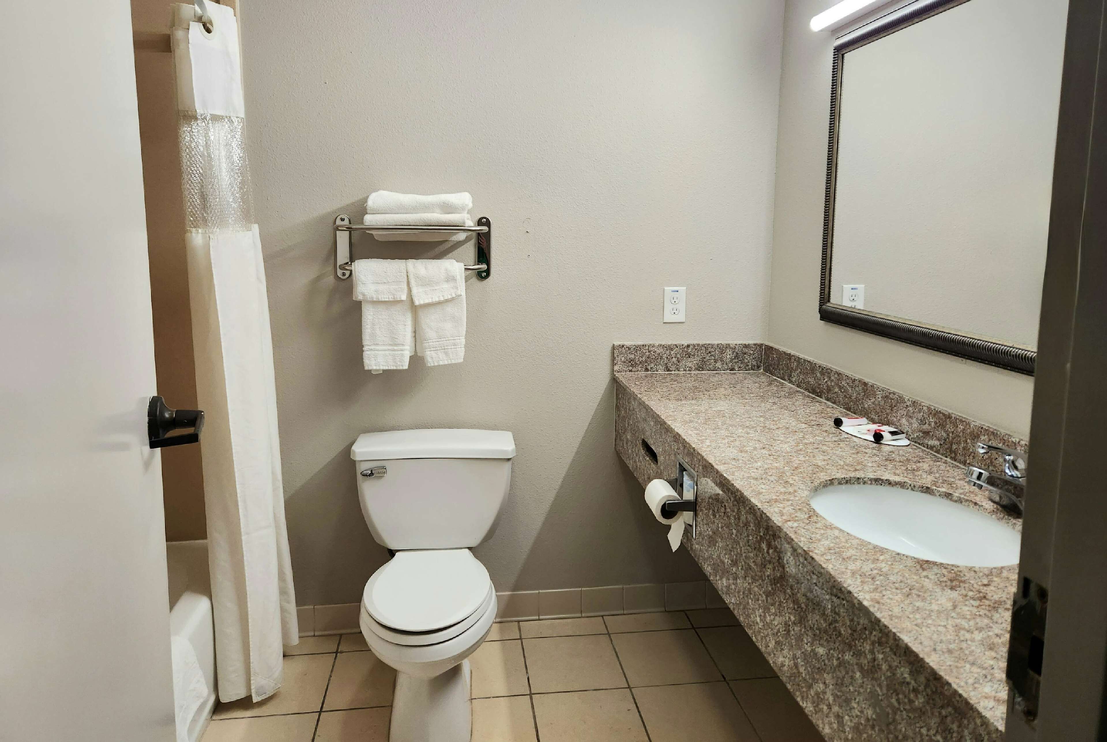 A bathroom with a toilet, a sink, a mirror, and a towel rack.