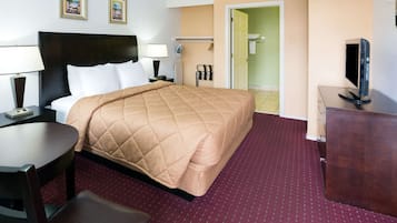 Hypo-allergenic bedding, desk, blackout drapes, iron/ironing board