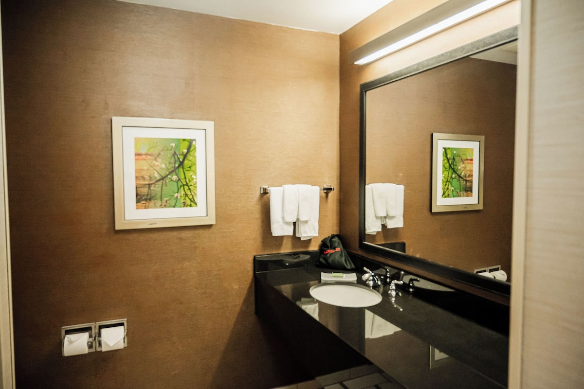 executive suite, 2 double beds, non smoking | bathroom | combined shower/bathtub, hair dryer, towels, soap