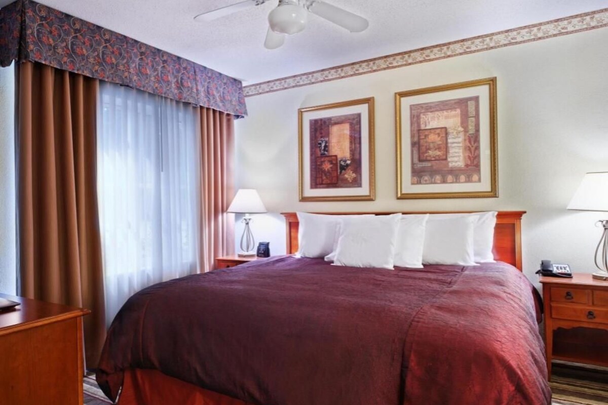 Una camera d'albergo con un letto grande, due quadri appesi al muro, una ventola a soffitto e un comodino con una lampada.
