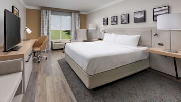 Camera d'albergo con un letto, una scrivania, una sedia, televisione e una finestra vista.