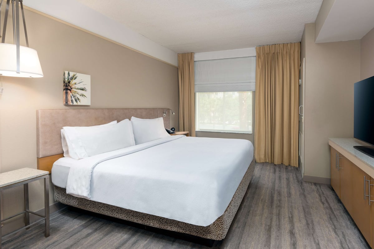 Camera d'albergo con un letto grande, un comodino, una lampada, una televisione e una finestra con tende.