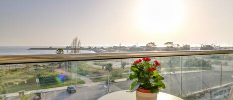 Un balcon orné d’un pot de fleurs, d’où l’on peut admirer une route et la verdure environnante.