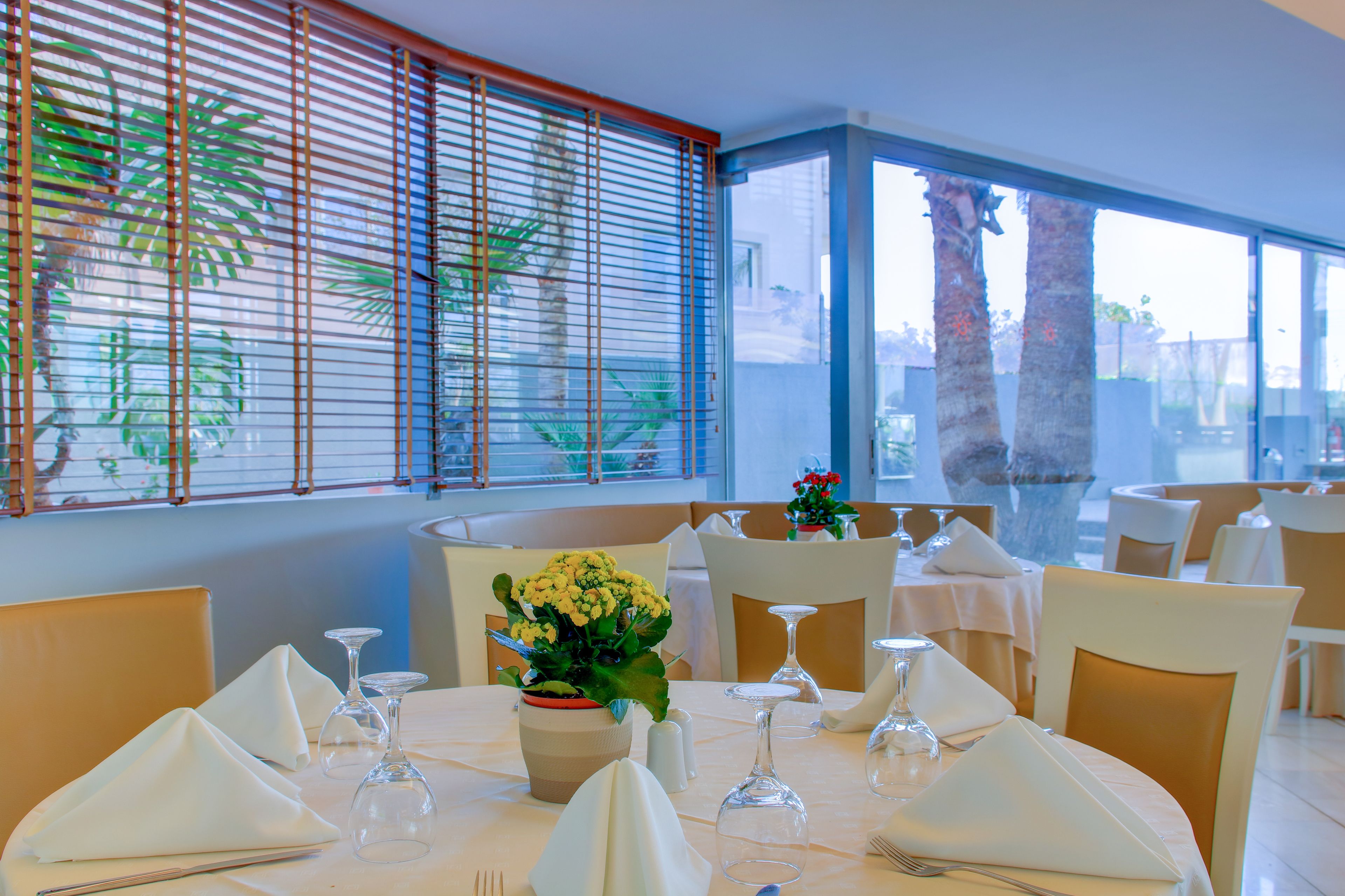 A dining area with tables set for service, a large window with blinds, and a view of palm trees outside.