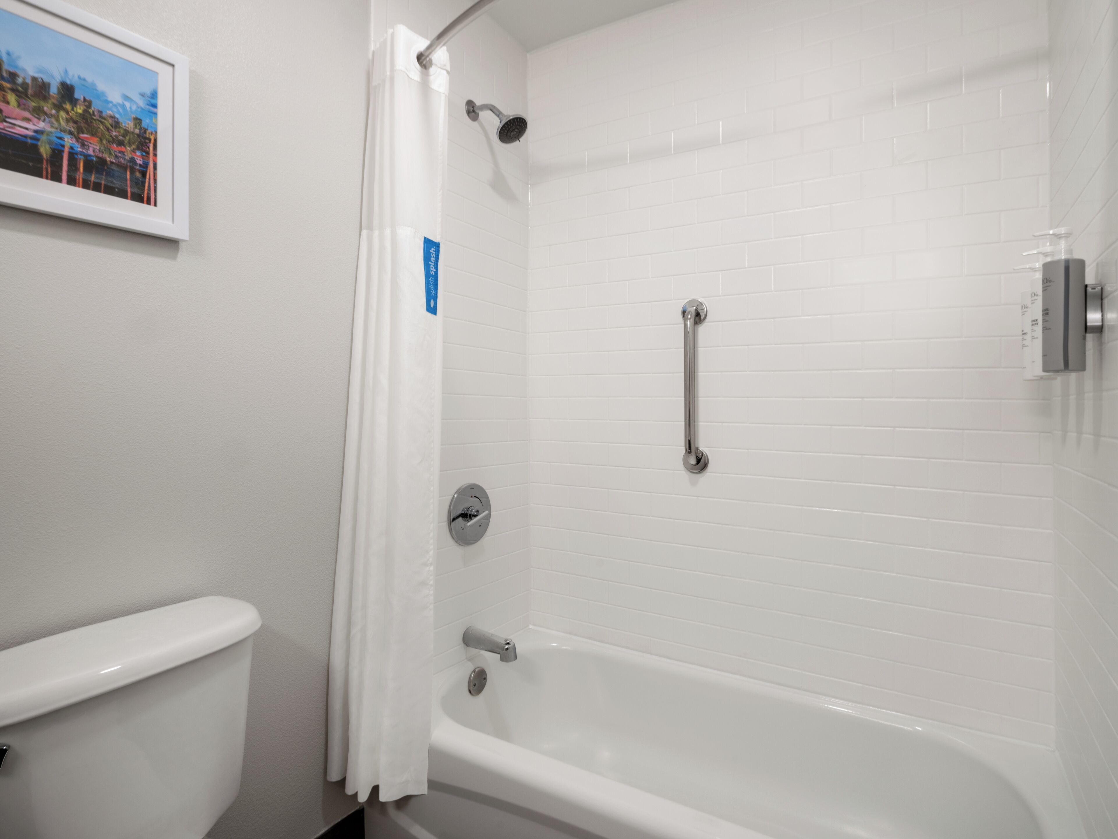 A bathroom with a white toilet, a bathtub, and a shower with a grab bar.