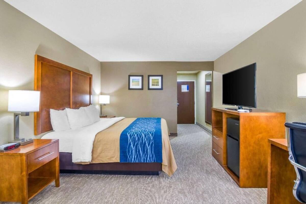 Habitación de hotel con cama, mesitas de noche, escritorio con silla, televisor y puerta.