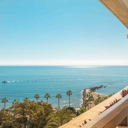 A coastal view from a balcony overlooking the sea, palm trees, and a sandy beach.