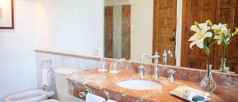 A bathroom with a marble sink, a toilet, and a mirror.