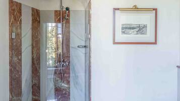 A bathroom with a glass-enclosed shower, a toilet, and a framed picture on the wall.