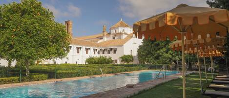 Seasonal outdoor pool, open 9:30 AM to 8:30 PM, pool loungers