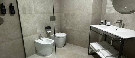 A modern bathroom with a glass shower enclosure, a white sink, and a toilet.