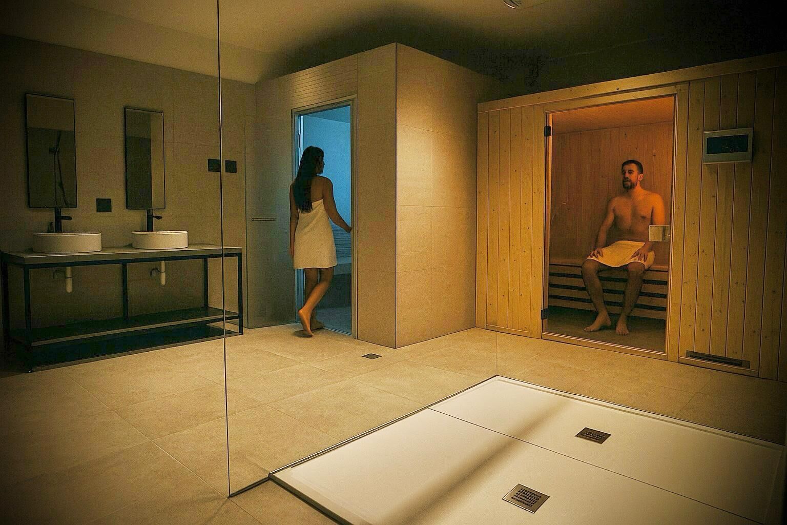 A modern bathroom with a large mirror, two sinks, and a wooden sauna.