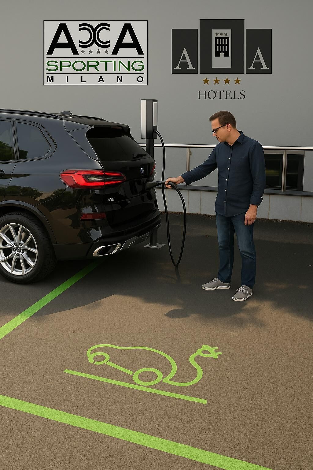 A man charging a black SUV at a parking spot marked with a green bicycle symbol.