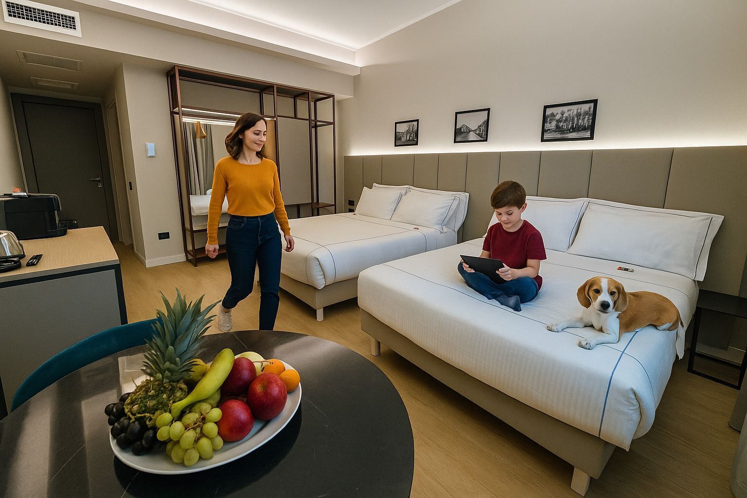 A modern hotel room with two beds, a desk, and a dining area with fruit.
