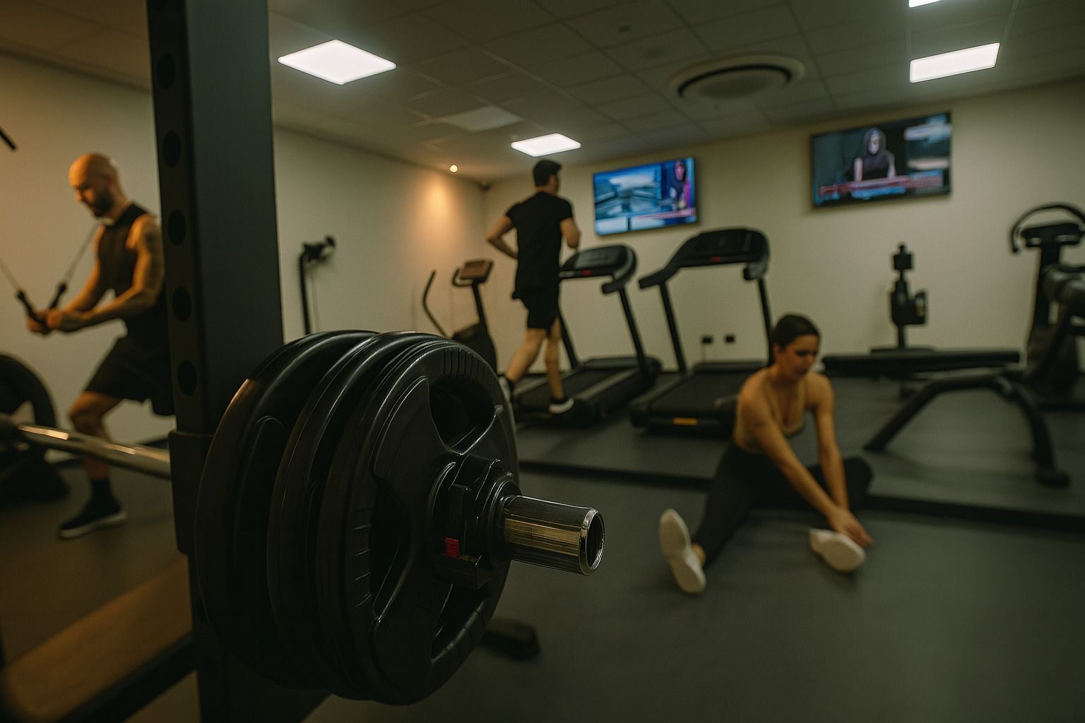 Un gimnasio con cintas de correr, equipo de levantamiento de pesas y una pantalla de televisión.