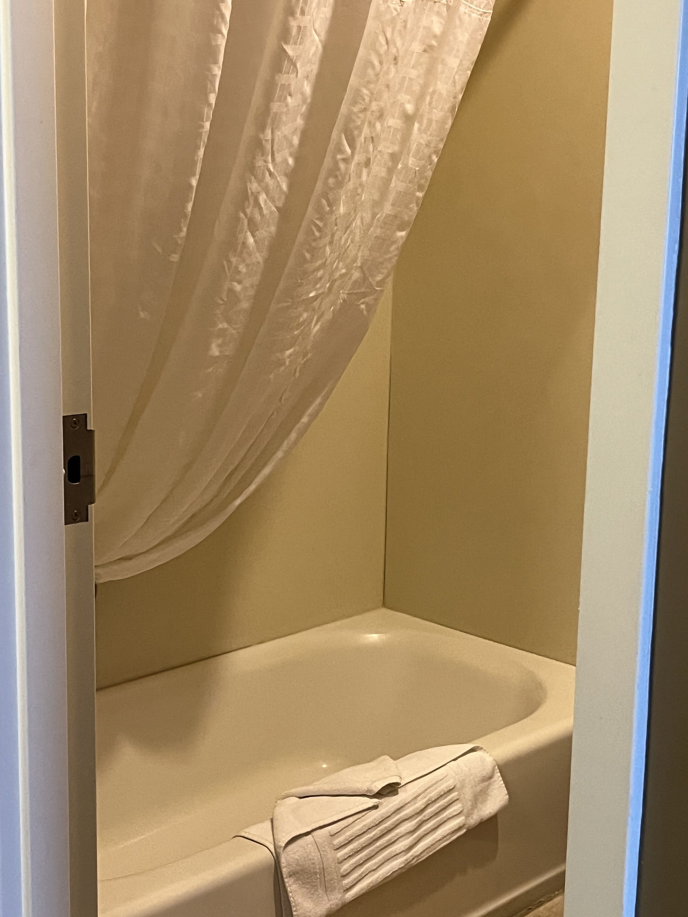 Un baño con una bañera, una toalla y una cortina.