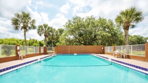 A rectangular swimming pool with a blue tiled edge, surrounded by a wooden fence and palm trees. - Super 8 by Wyndham St. Augustine (St. Augustine)