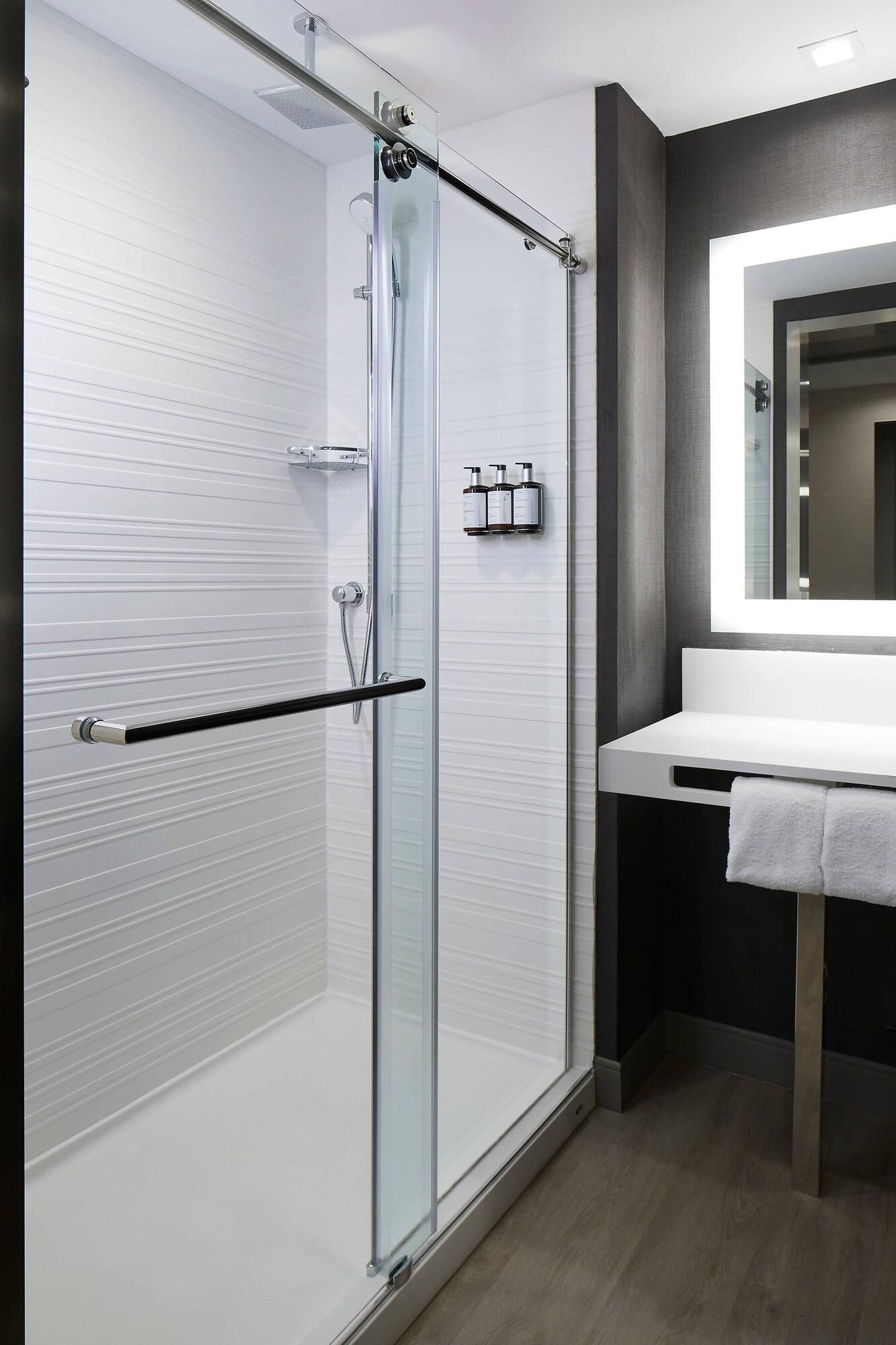 Une salle de bain moderne avec une douche à parois de verre, un lavabo blanc et un miroir au-dessus du lavabo.
