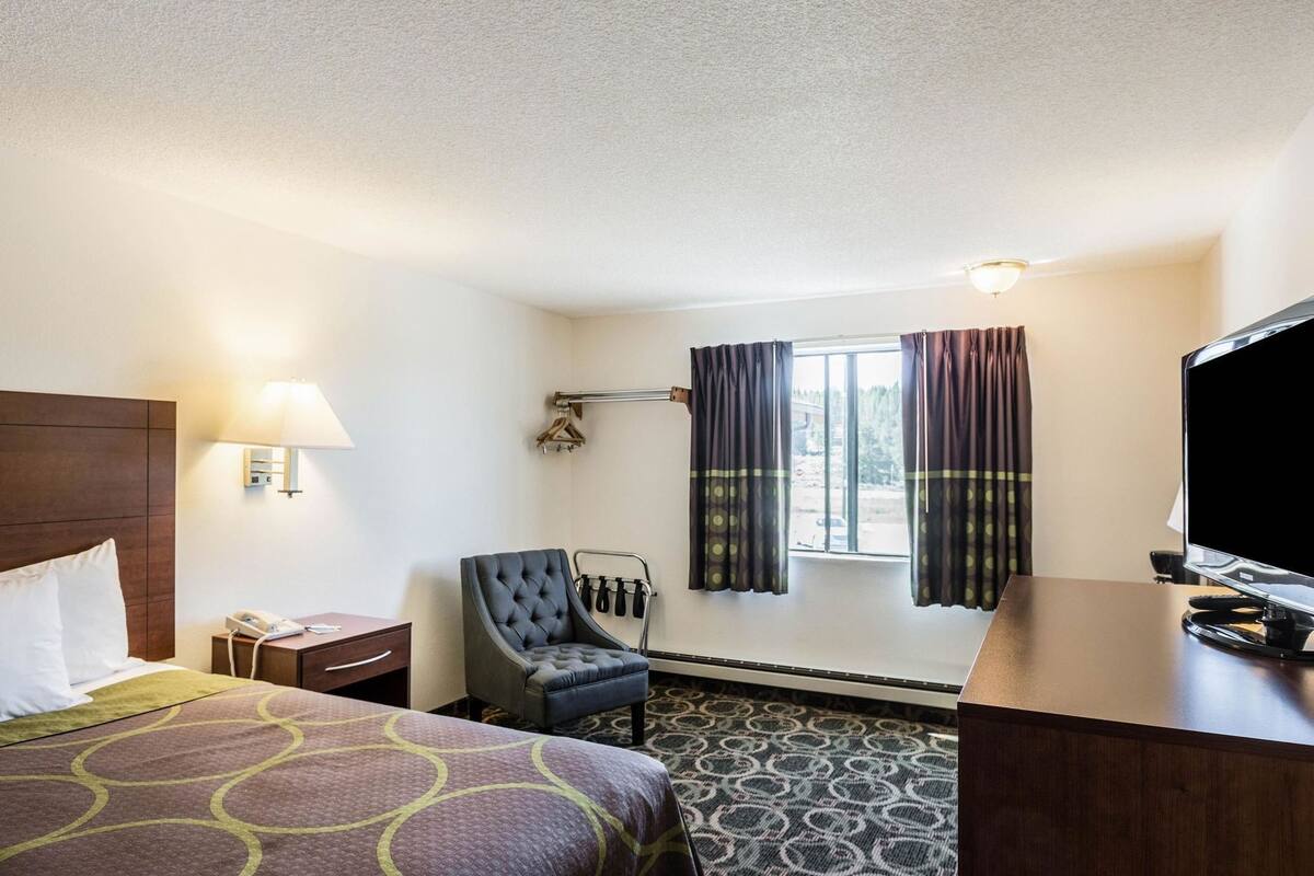 A hotel room with a bed, a chair, a desk with a television, a window with curtains, a wall-mounted lamp, and a coat rack.