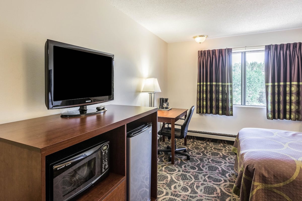A hotel room with a television, desk, chair, and bed.