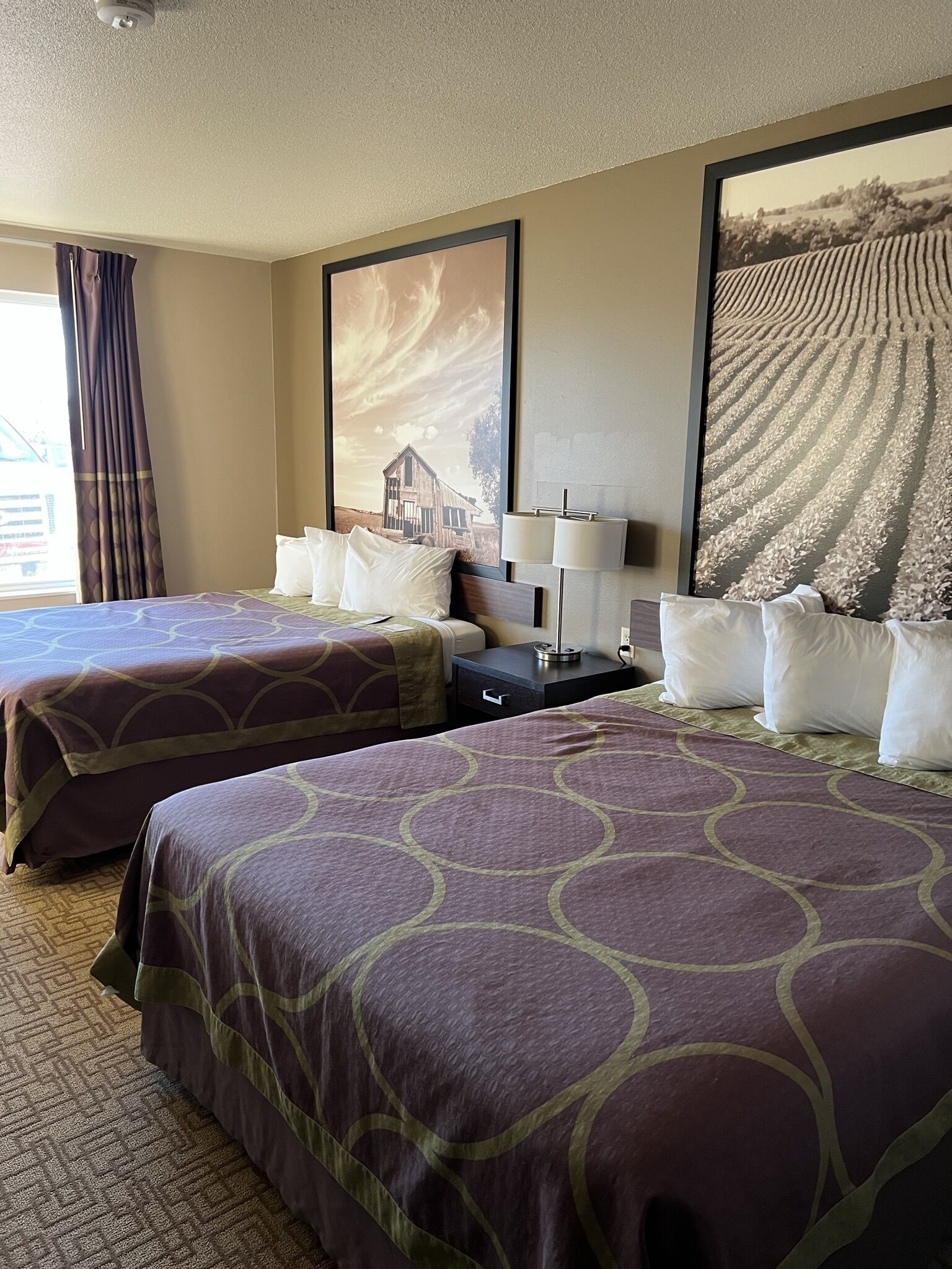 A hotel room with two beds, a nightstand, a lamp, and two wall-mounted paintings.