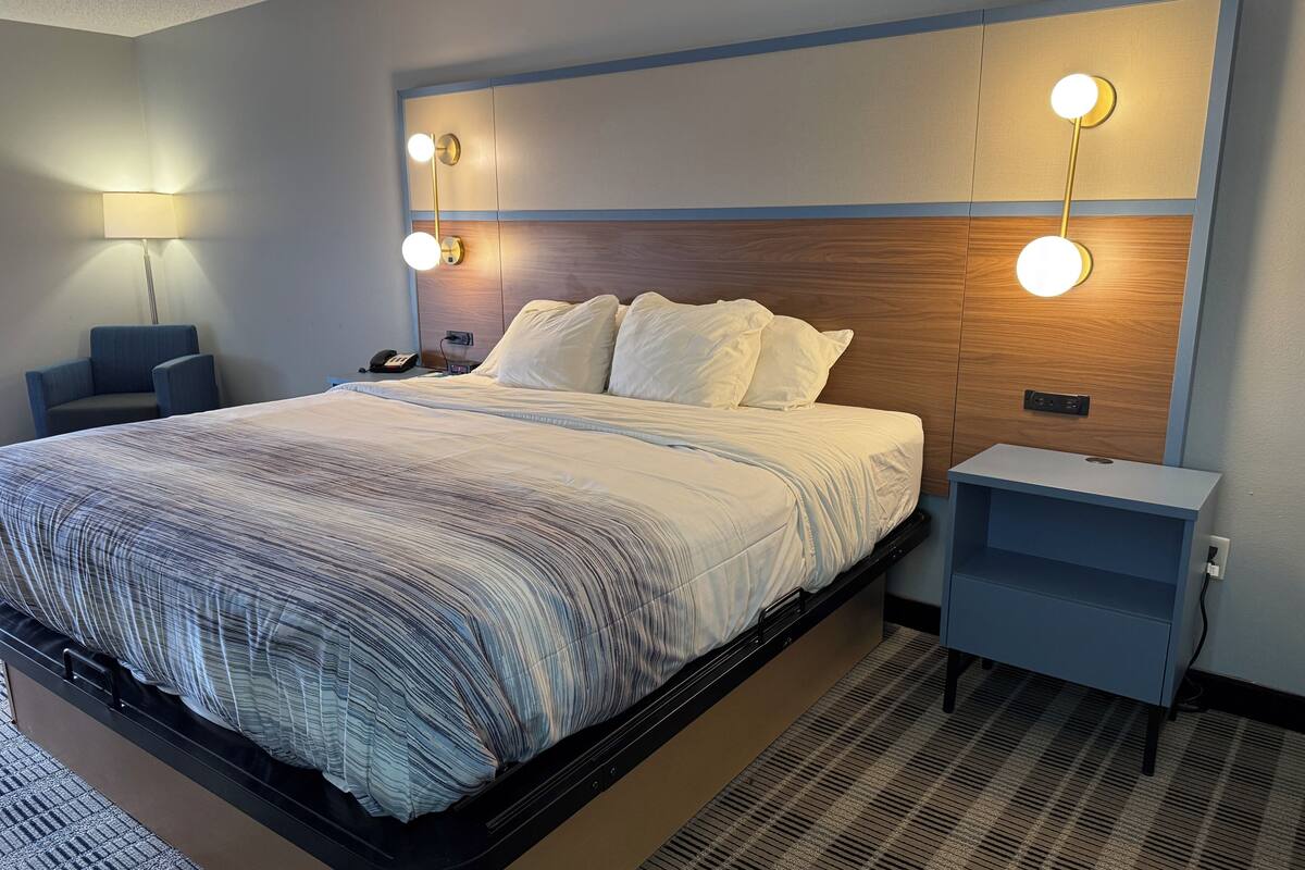 studio suite, 1 king bed, mobility accessible, non smoking (roll-in shower) | desk, laptop workspace, blackout curtains, iron/ironing board