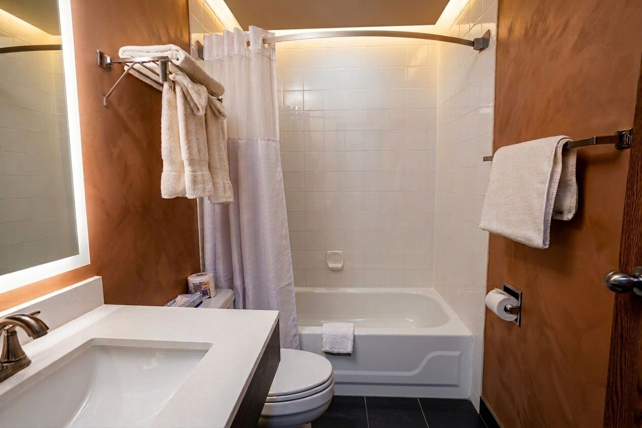 Un baño con lavamanos, inodoro y bañera blancos.