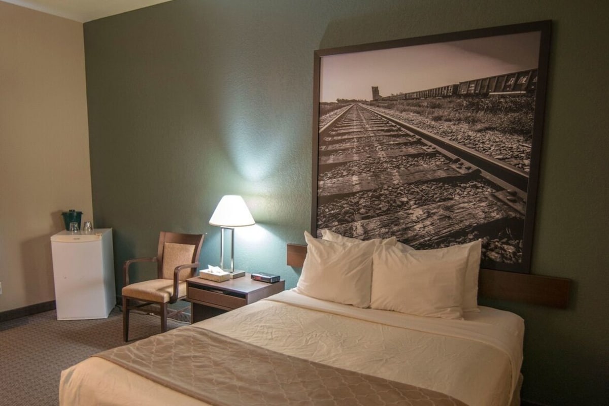 Una habitación de hotel con una cama grande, una silla, un escritorio con lámpara y un cuadro en la pared.