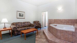 Ein Wohnzimmer mit Sofa, Sessel, Couchtisch und einer Badewanne.