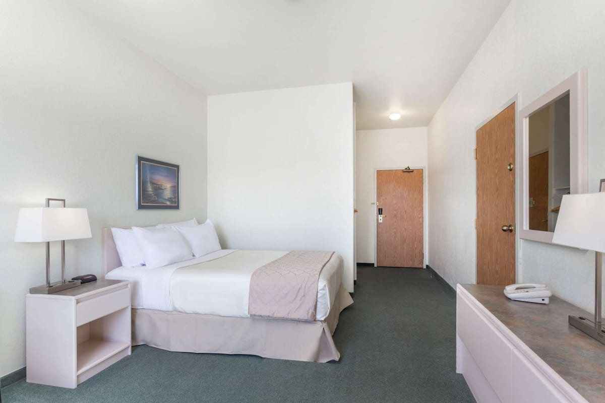 A hotel room with a bed, bedside table, lamp, and a mirror.