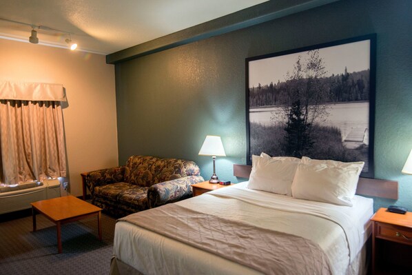 Desk, laptop workspace, blackout curtains, iron/ironing board