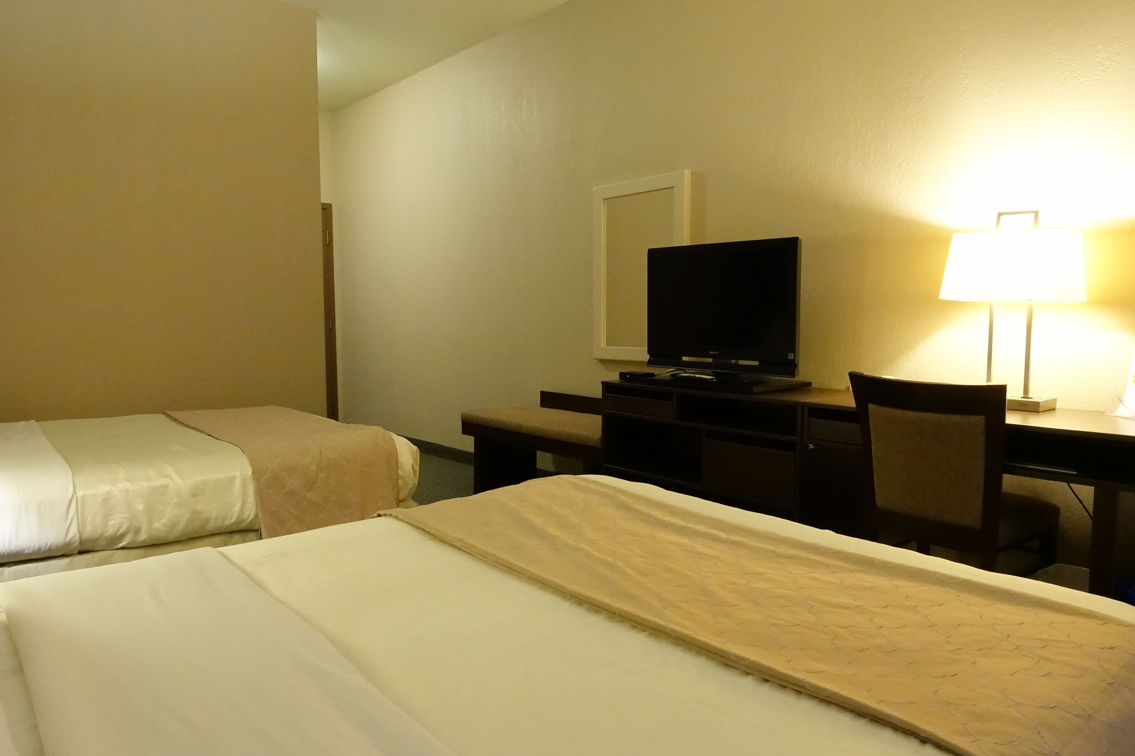 Ett hotellrum med två sängar, ett skrivbord, en stol, en tv och en lampa.
