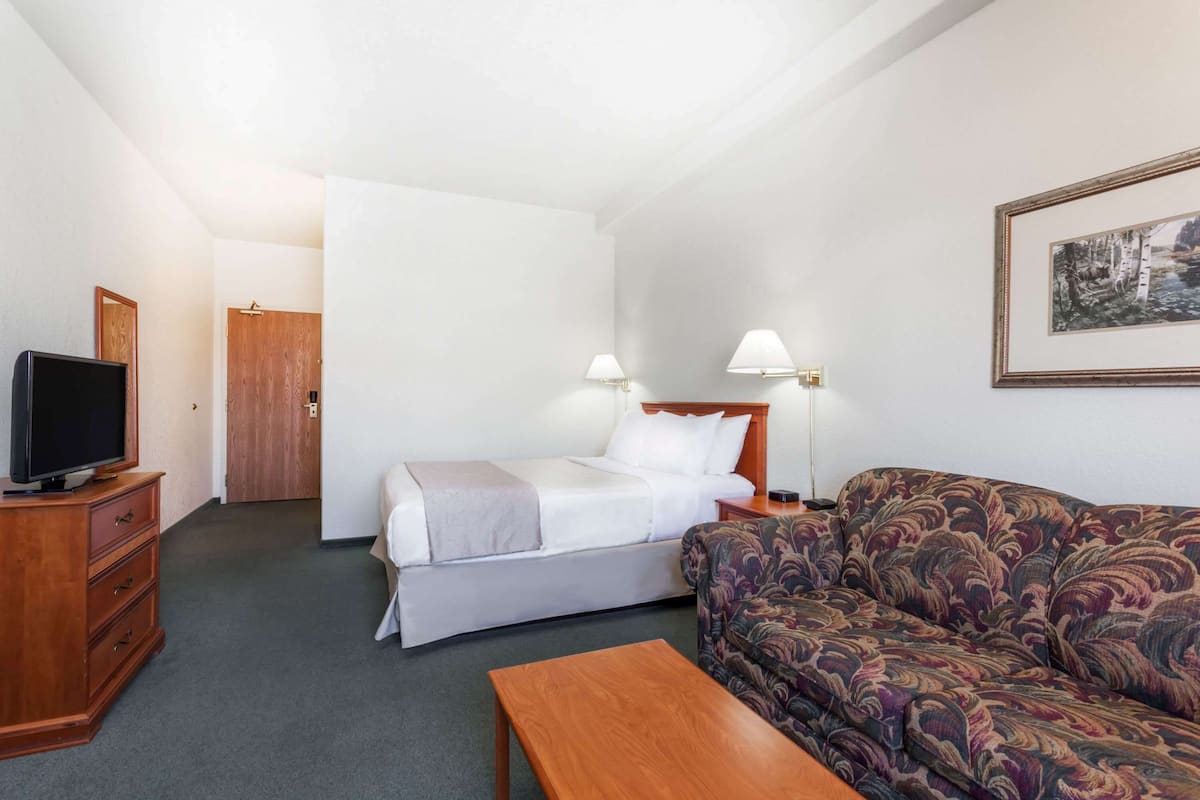 A hotel room with a bed, a sofa, a TV, a desk, and a lamp.