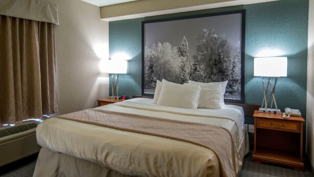 Ein Hotelzimmer mit einem großen Bett, zwei Nachttischlampen, einem Nachttisch und einem Wandbild.