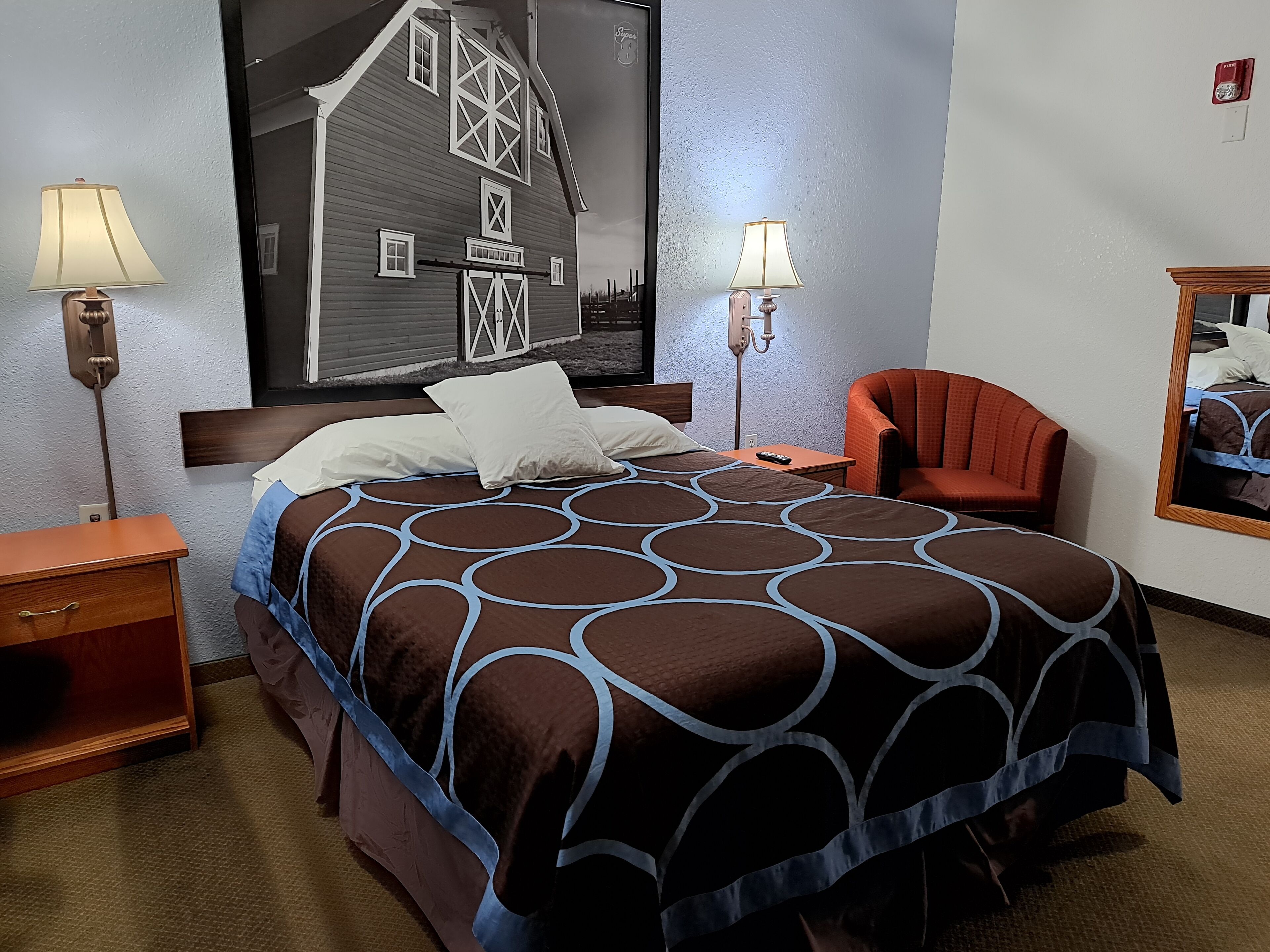 desk, laptop workspace, blackout curtains, iron/ironing board