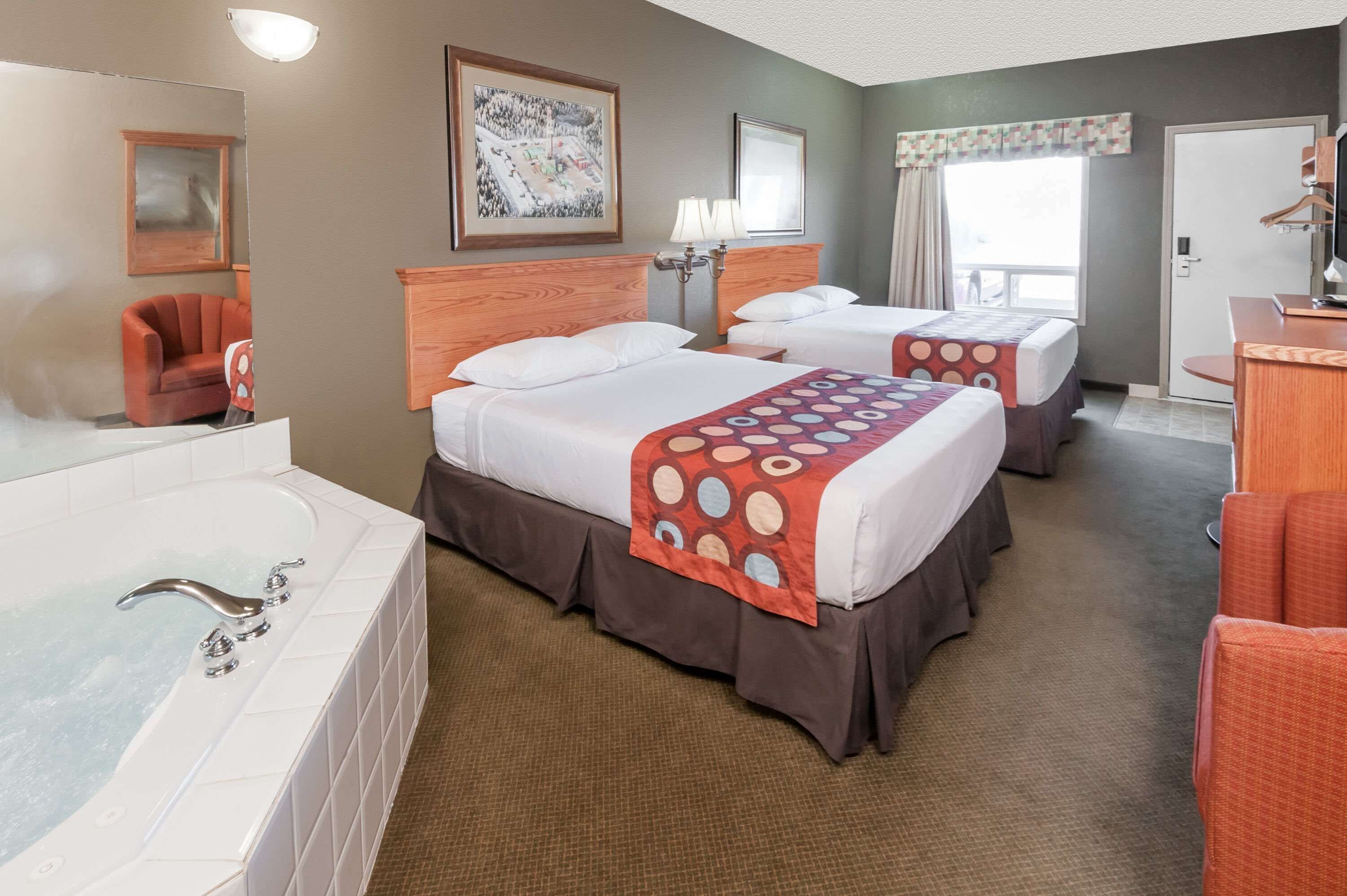 desk, laptop workspace, blackout curtains, iron/ironing board