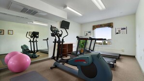 A fitness room with treadmills, an elliptical, and exercise balls.