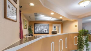 A reception area with a counter, framed certificates, a framed photograph, and a potted plant.