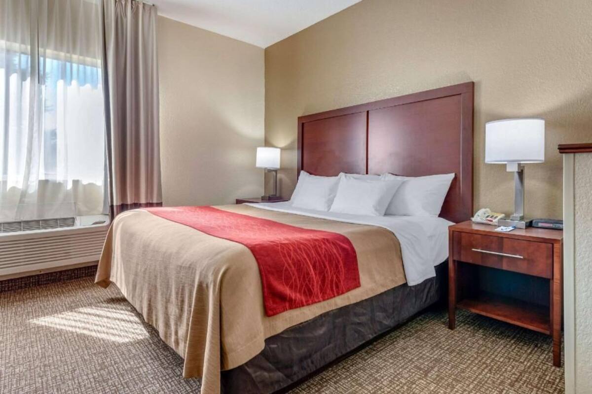 Quarto de hotel com cama, luminárias de cabeceira, mesa de cabeceira e janela com cortinas.