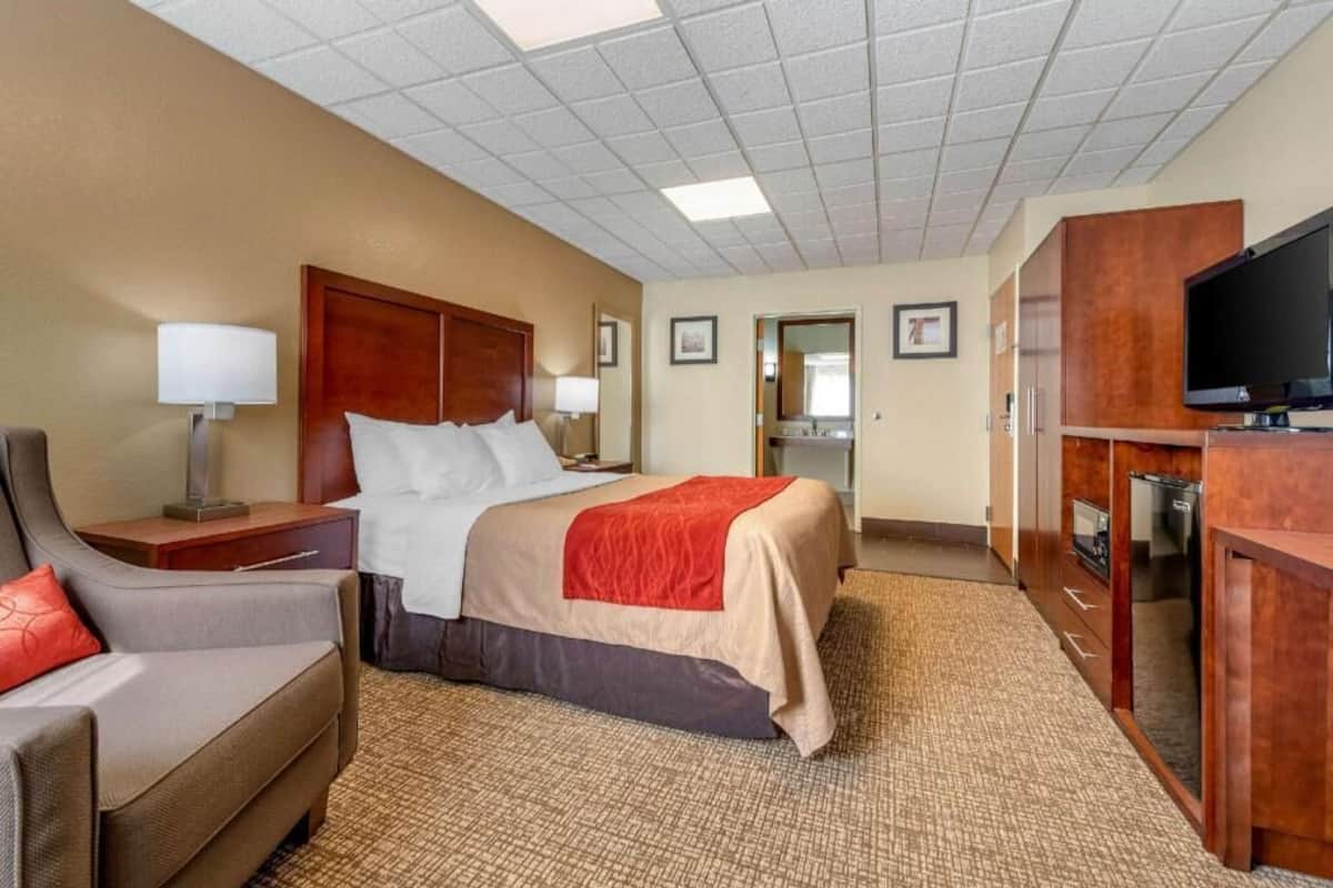Quarto de hotel com cama, mesa de escritório, televisão e área de estar.