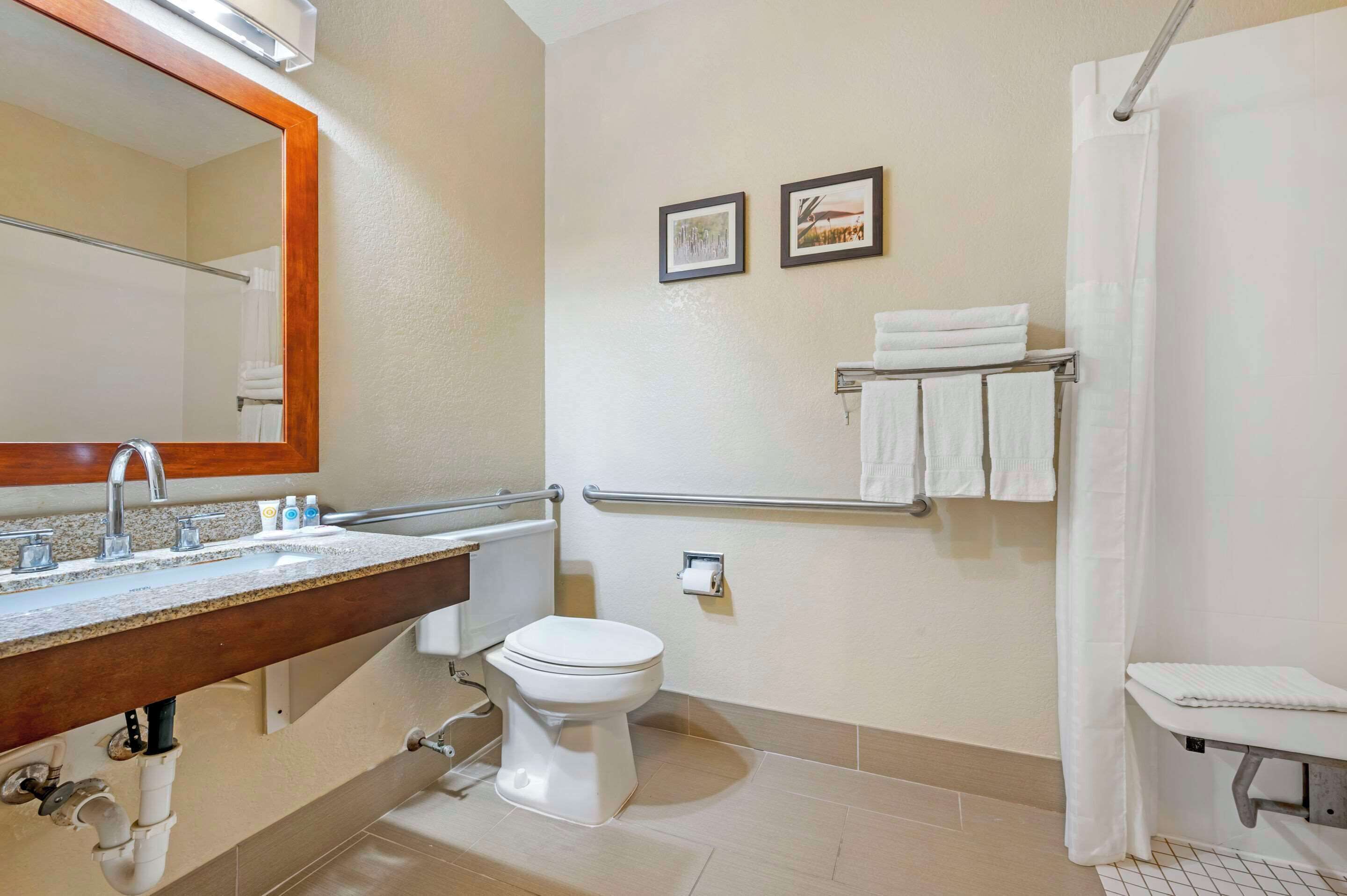 A bathroom with a sink, toilet, and shower. There are towels on the wall and a mirror above the sink.