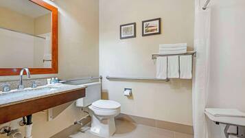 A bathroom with a sink, toilet, and shower. There are towels on the wall and a mirror above the sink.