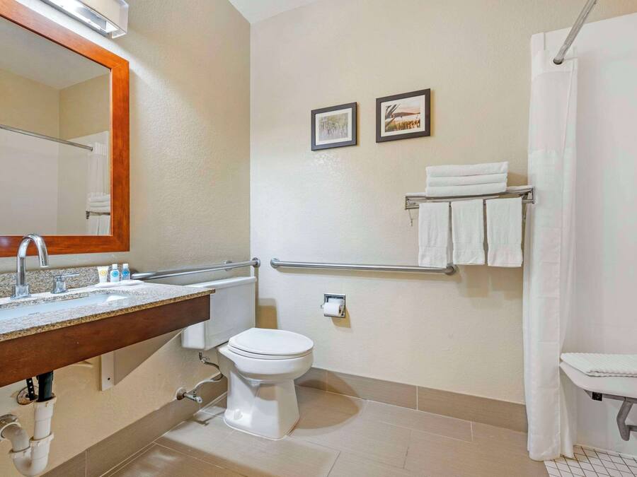 A bathroom with a sink, toilet, and shower. There are towels on the wall and a mirror above the sink.