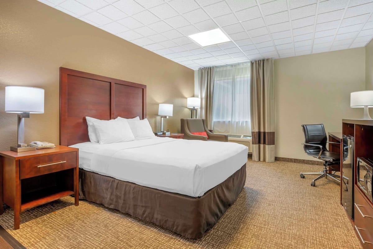 Quarto de hotel com uma cama grande, mesas de cabeceira com luminárias, uma escrivaninha com cadeira e uma janela com cortinas.