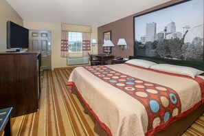 Desk, laptop workspace, blackout curtains, iron/ironing board