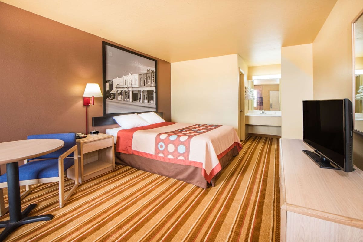 A hotel room with a bed, a desk, a chair, a television, and a framed picture on the wall.