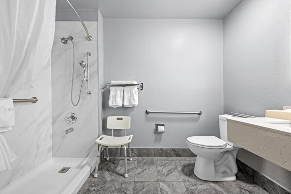 Baño con ducha, inodoro y lavabo.