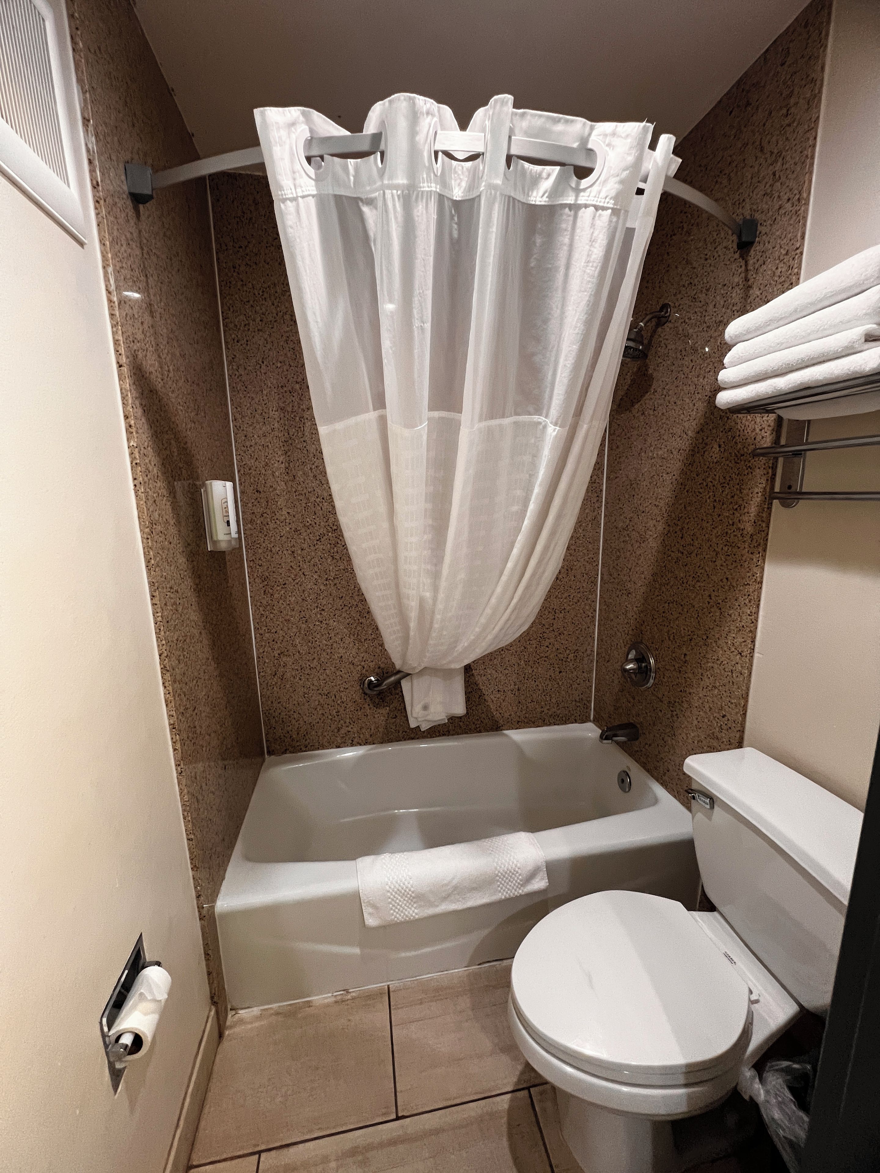 A bathroom with a bathtub, toilet, and shower curtain.