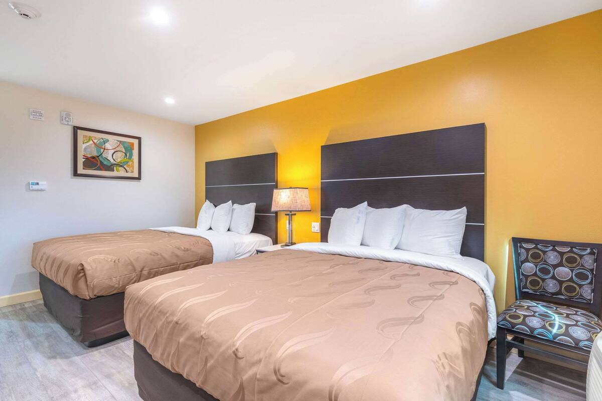 Habitació d'hotel amb dos llits, una taula de nit, una làmpada, una cadira i un quadre a la paret.